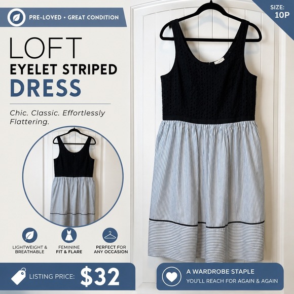 LOFT Dresses & Skirts - LOFT Eyelet Striped Fit & Flare Dress‎ Blue White Black Petite 10P Sleeveless
